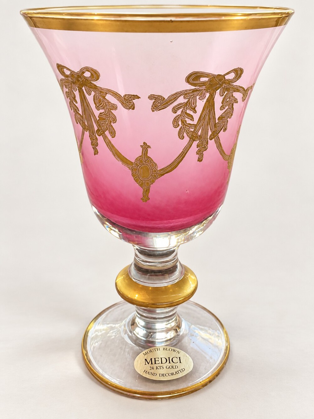 Vintage Italian Medici Mouth Blown 24K Gold Cranberry Glass Goblet Vase